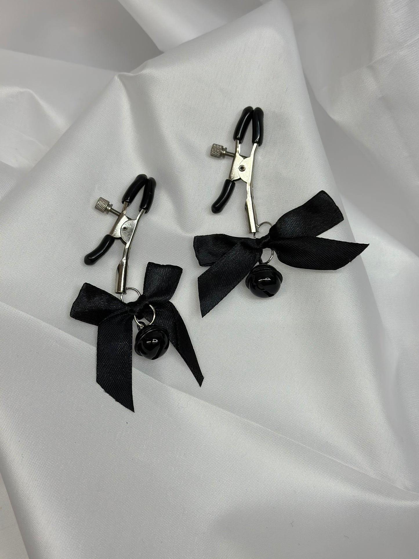 Black Nipple Clamps with Bows and Bells | Non-Piercing, BDSM Play Clamps, Nipple Torture Steel Clip, Adult Toy, DDLG Gift, LGBT, Kinky Accessories