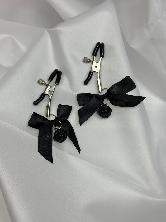 Black Nipple Clamps with Bows and Bells | Non-Piercing, BDSM Play Clamps, Nipple Torture Steel Clip, Adult Toy, DDLG Gift, LGBT, Kinky Accessories