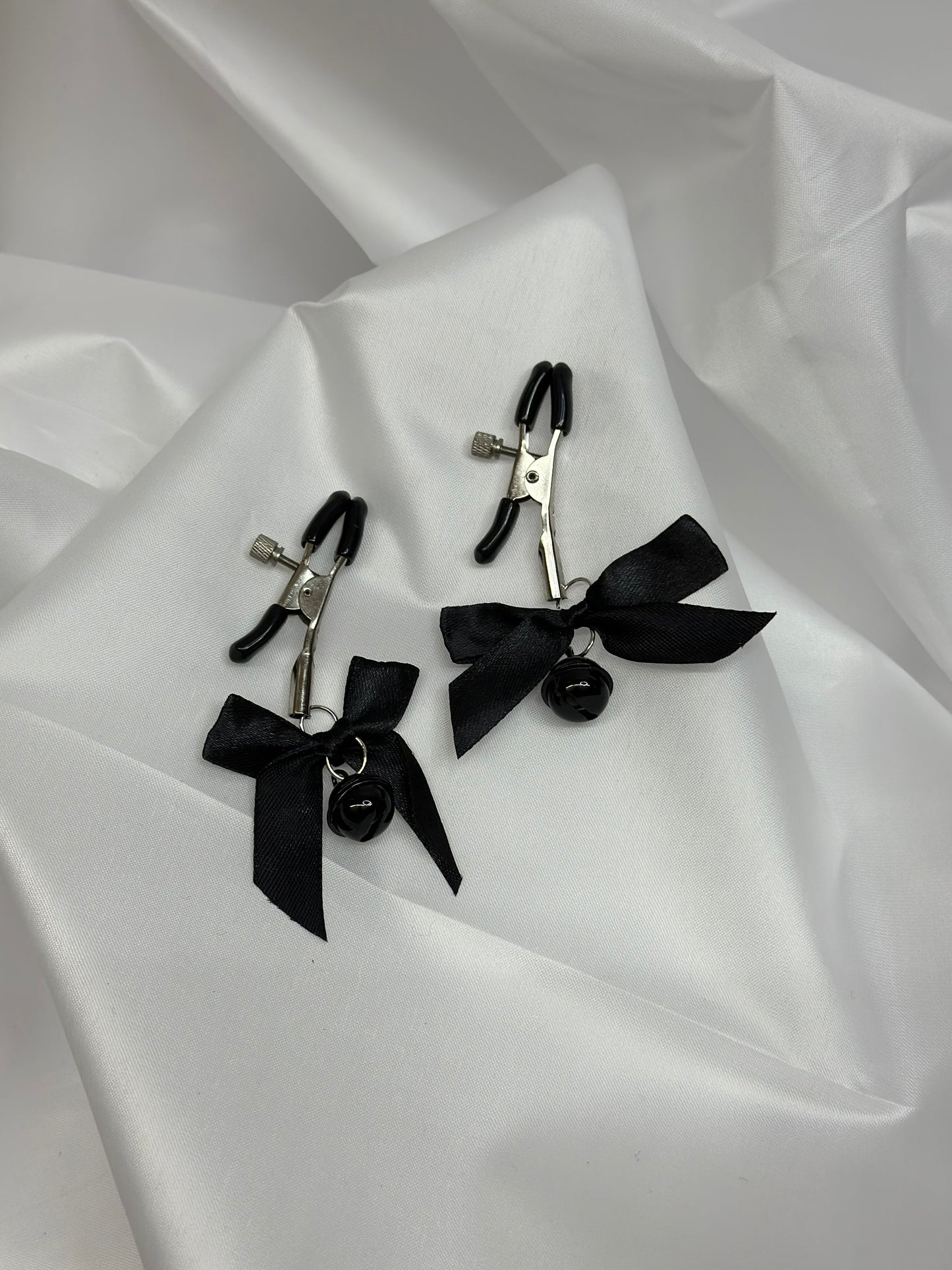 Black Nipple Clamps with Bows and Bells | Non-Piercing, BDSM Play Clamps, Nipple Torture Steel Clip, Adult Toy, DDLG Gift, LGBT, Kinky Accessories