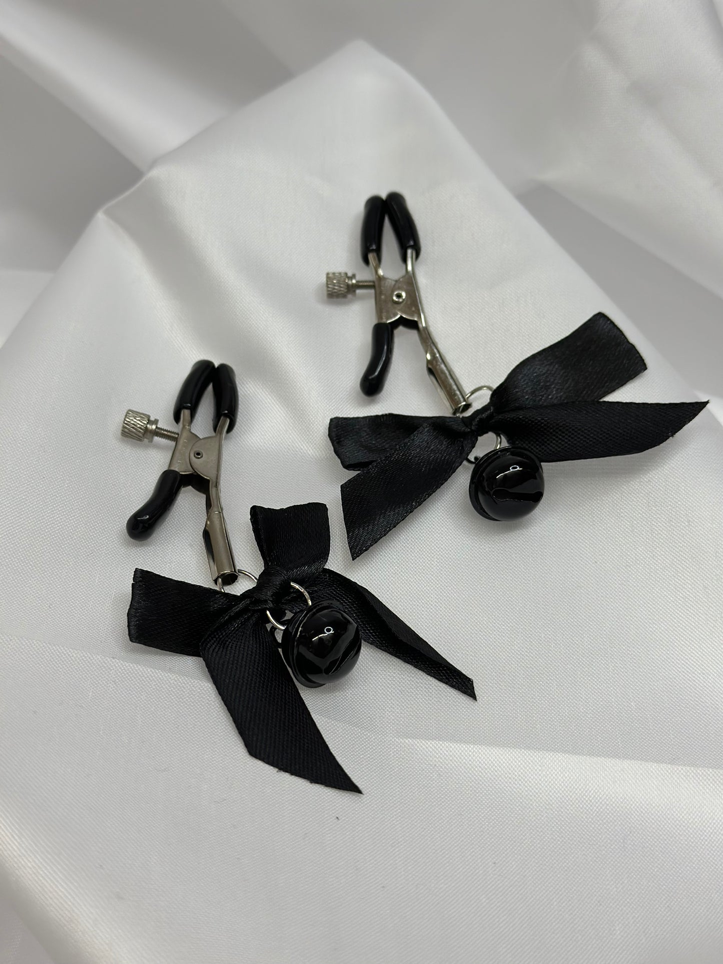 Black Nipple Clamps with Bows and Bells | Non-Piercing, BDSM Play Clamps, Nipple Torture Steel Clip, Adult Toy, DDLG Gift, LGBT, Kinky Accessories