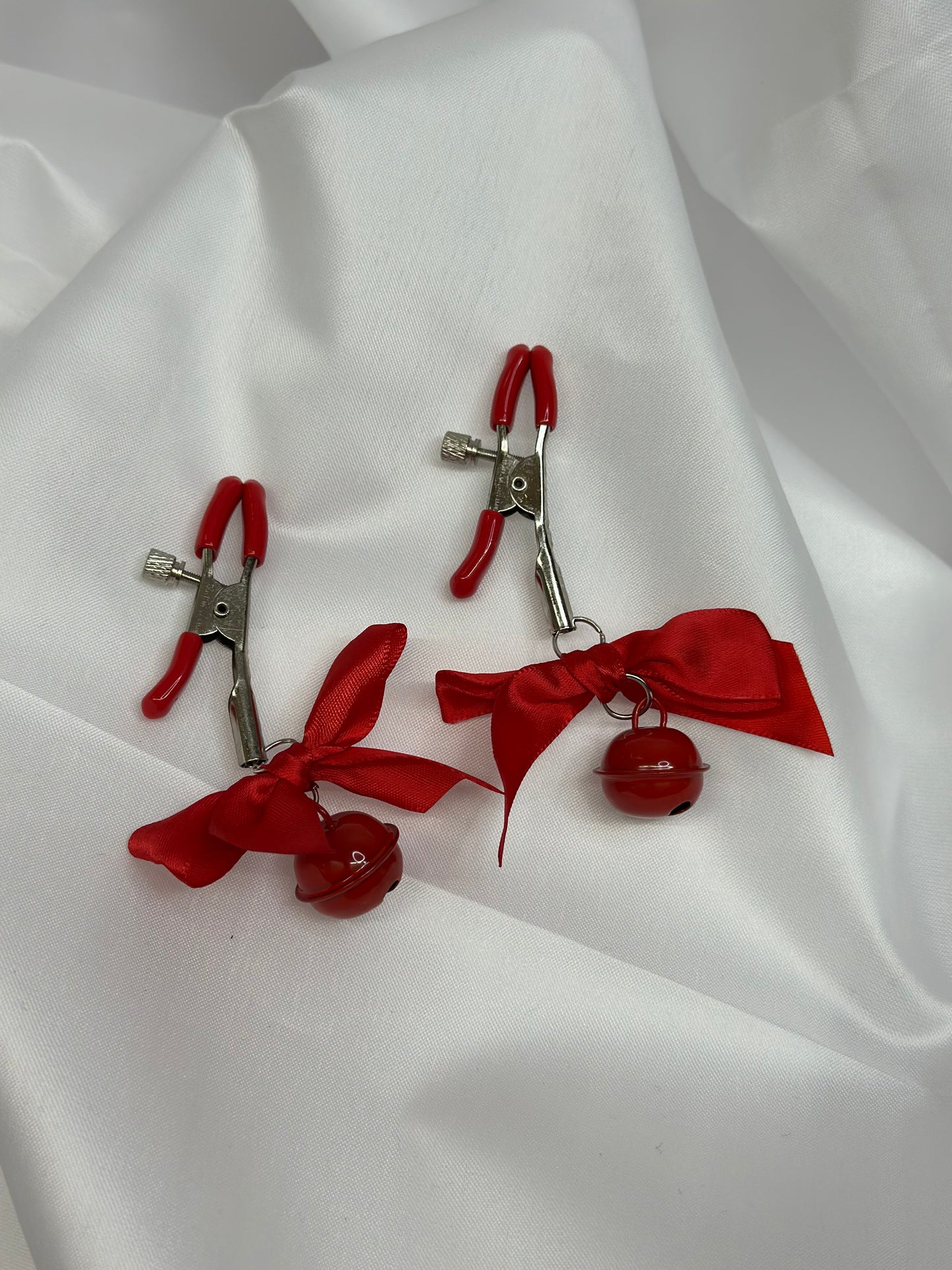 Red Nipple Clamps with Bows and Bells | Non-Piercing, BDSM Play Clamps, Nipple Torture Steel Clip, Adult Toy, DDLG Gift, LGBT, Kinky Accessories