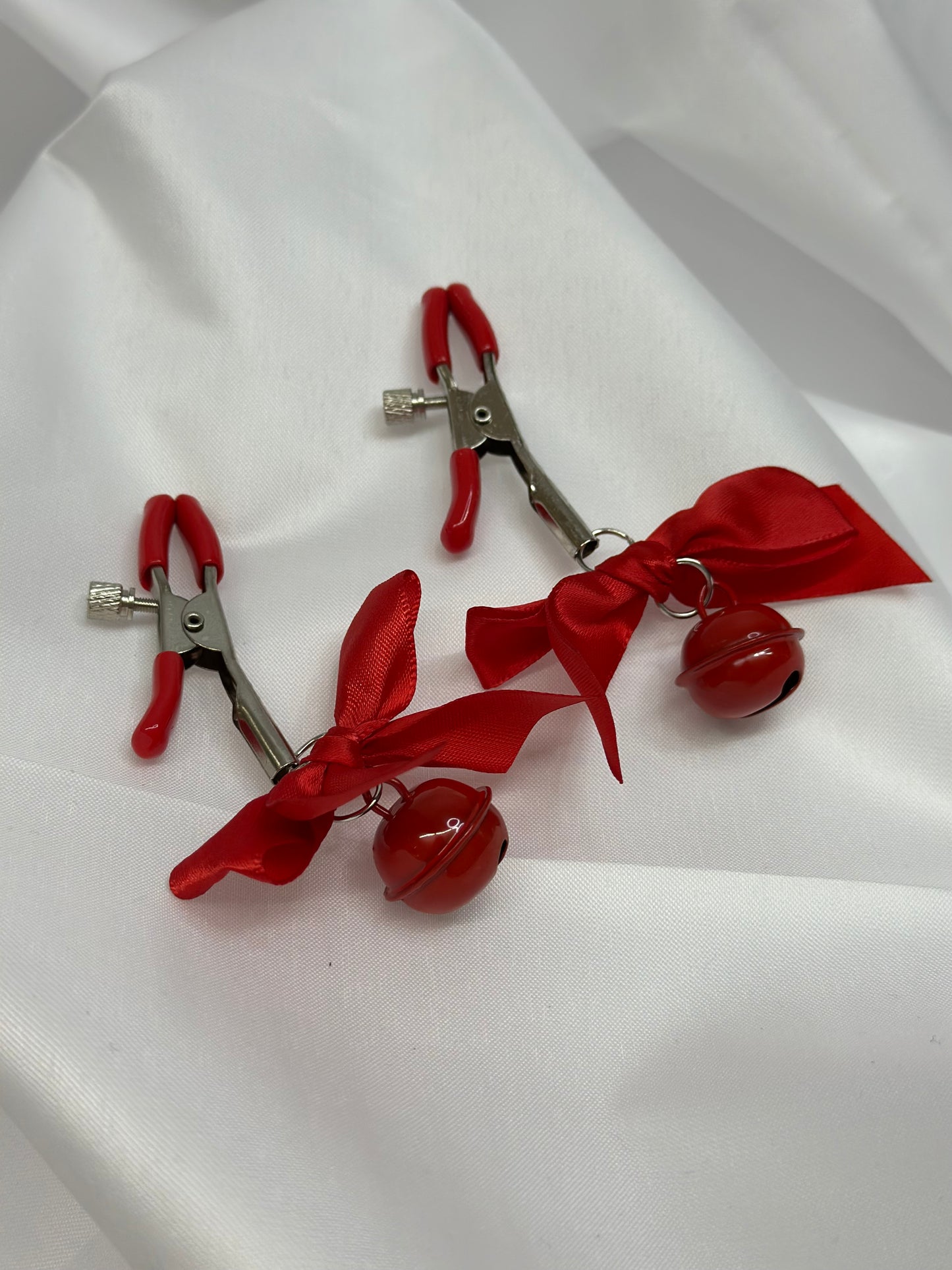 Red Nipple Clamps with Bows and Bells | Non-Piercing, BDSM Play Clamps, Nipple Torture Steel Clip, Adult Toy, DDLG Gift, LGBT, Kinky Accessories