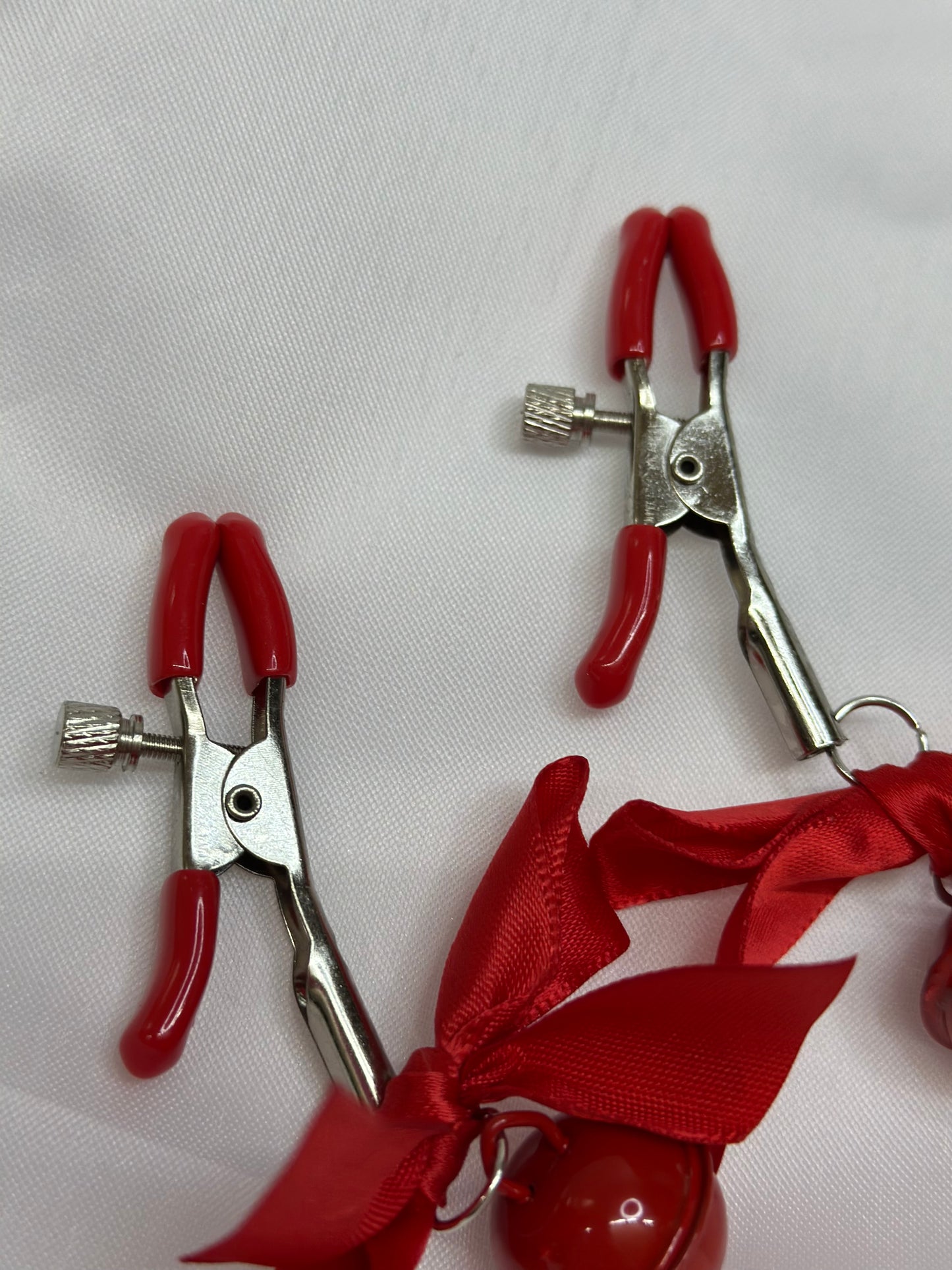 Red Nipple Clamps with Bows and Bells | Non-Piercing, BDSM Play Clamps, Nipple Torture Steel Clip, Adult Toy, DDLG Gift, LGBT, Kinky Accessories